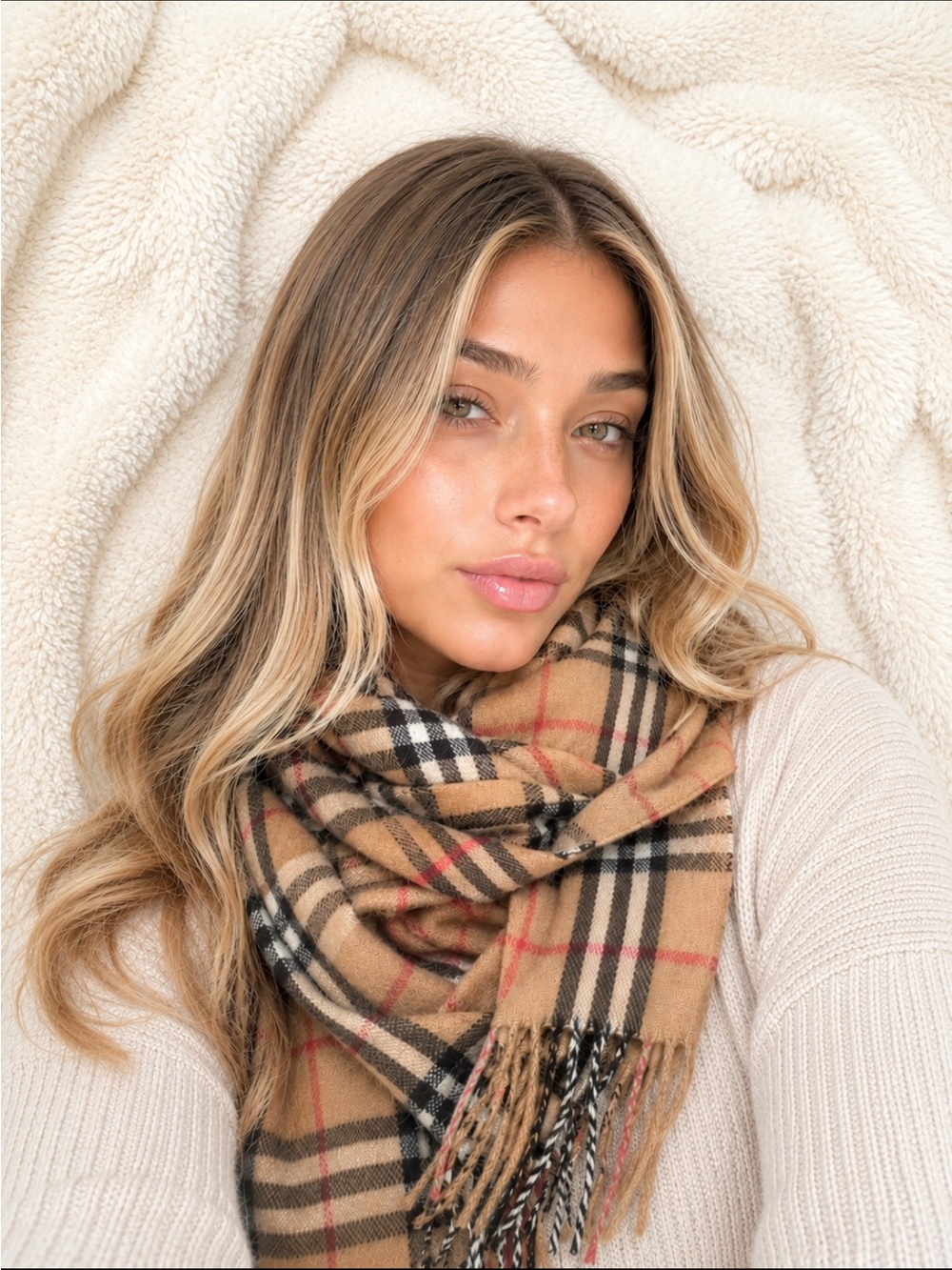 Burberry Camel Plaid Wool Scarf with Red Accent
